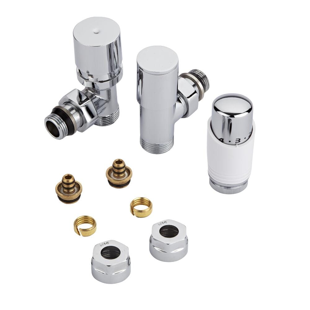 Coppia di Valvole per Radiatori e Scaldasalviette con Testa Termostatica e Adattator per Raccordi Pex o Multistrato 14mm