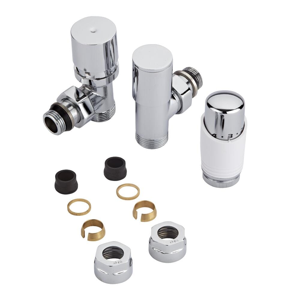Coppia di Valvole per Radiatori e Scaldasalviette con Testa Termostatica e Adattatori per Tubi in Rame 16mm