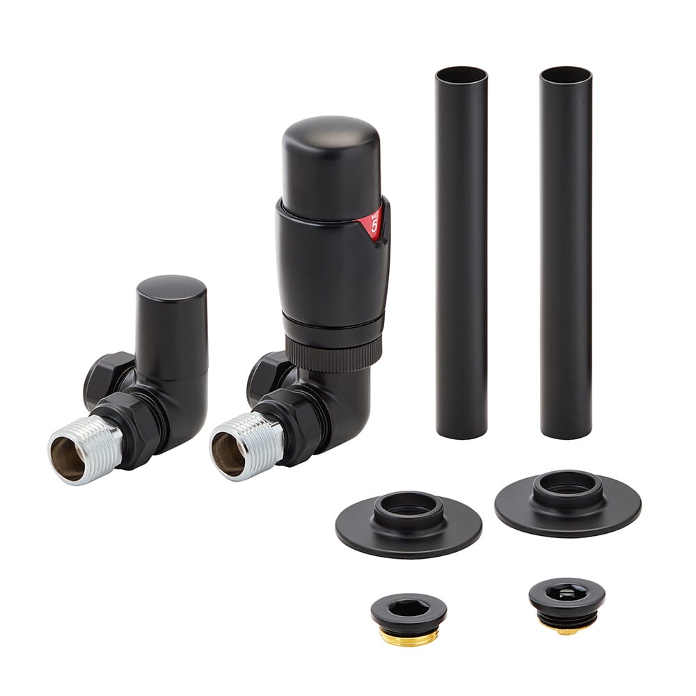 Set di Valvole Termostatiche Angolari e Copri Tubi per Radiatore - Scelta di Finiture