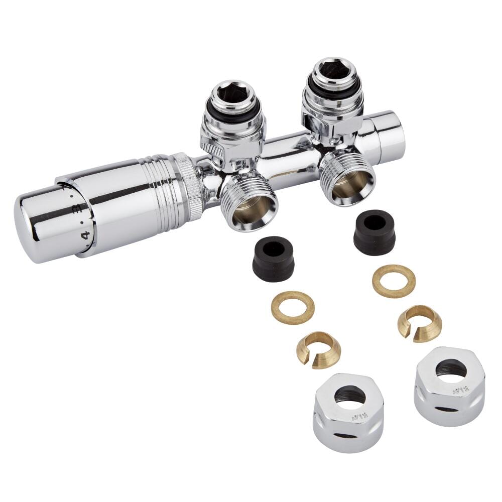 Valvole a Squadra per Radiatori e Scaldasalviette con Testa Termostatica Cromata e Adattatori per Raccordi 12mm per Tubi in Rame - Multiblock H