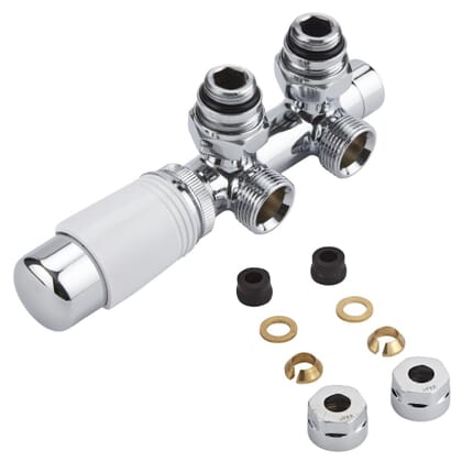 Valvole a Squadra per Radiatori e Scaldasalviette per Attacco Centrale Complete di Testa Termostatica Cromata con Bianco e Adattatori per Raccordi 12mm per Tubi in Rame - Multiblock H
