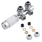 Valvole a Squadra per Radiatori e Scaldasalviette con Attacco Centrale con Testa Termostatica Cromata con Bianco e Adattatori per Raccordi 14mm per Tubi in Rame - Multiblock H