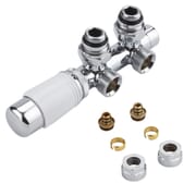 Valvole a Squadra per Radiatori e Scaldasalviette con Attacco Centrale con Testa Termostatica Bianca con Adattatore Multiplo per Raccordi Pex e Multistrato 16mm - Multiblock H