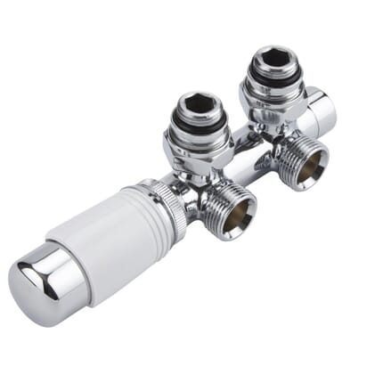 Valvole a Squadra per Radiatori e Scaldasalviette con Attacco Centrale Complete di Testa Termostatica Cromata e Selezione di Adattatori – Multiblock H