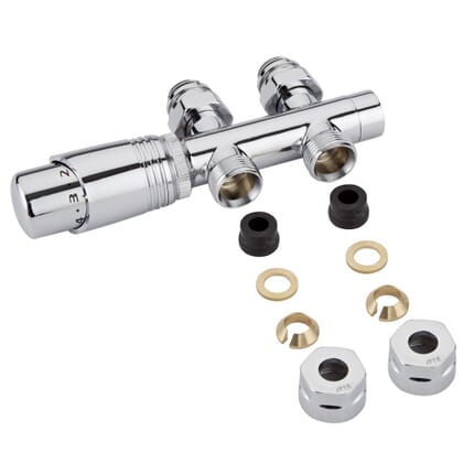 Valvole Diritte per Radiatori e Scaldasalviette 3/4” con Testa Termostatica Cromata e Adattatori per Raccordi 12mm per Tubi in Rame - Multiblock H