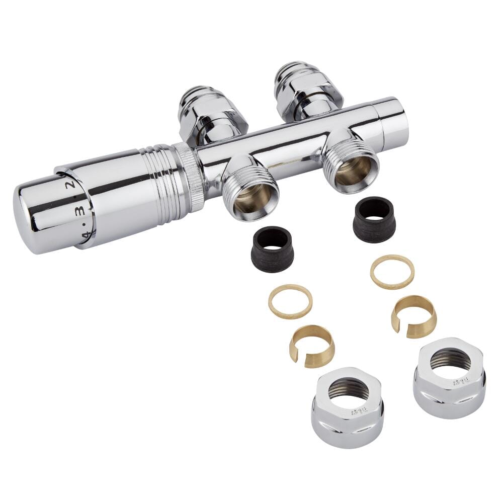 Valvole Diritte per Radiatori e Scaldasalviette per Attacco Centrale Complete di Testa Termostatica Cromata e Adattatori per Raccordi 14mm per Tubi in Rame - Multiblock H