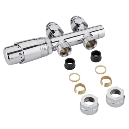 Valvole Diritte per Radiatori e Scaldasalviette per Attacco Centrale Complete di Testa Termostatica Cromata e Adattatori per Raccordi 14mm per Tubi in Rame - Multiblock H