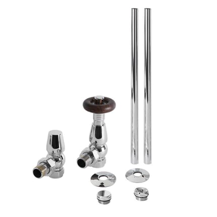 Paio di Valvole Tradizionali Termostatiche a Squadra con Finitura Cromata per Radiatore o Scaldasalviette per Tubi in Rame 15mm - Regent