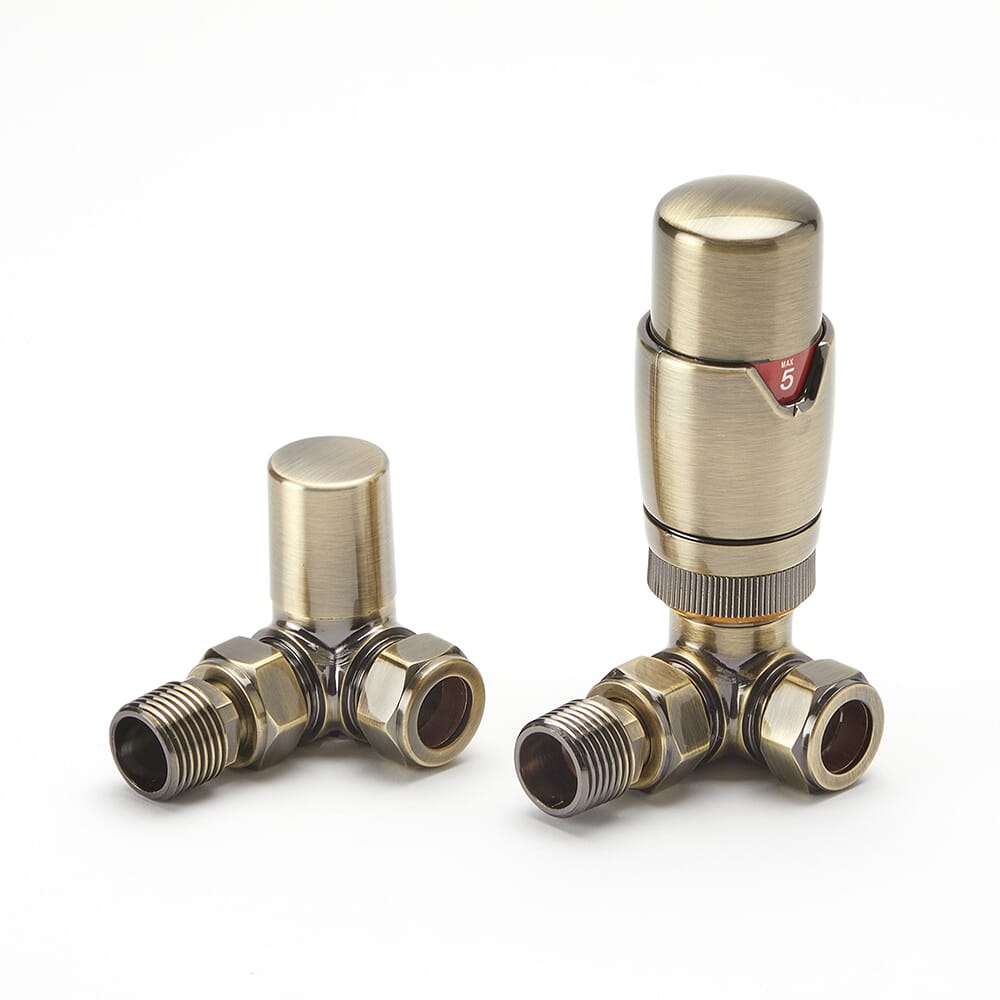 Valvola Termostatica Angolare con Detentore per Radiatori - Oro Spazzolato