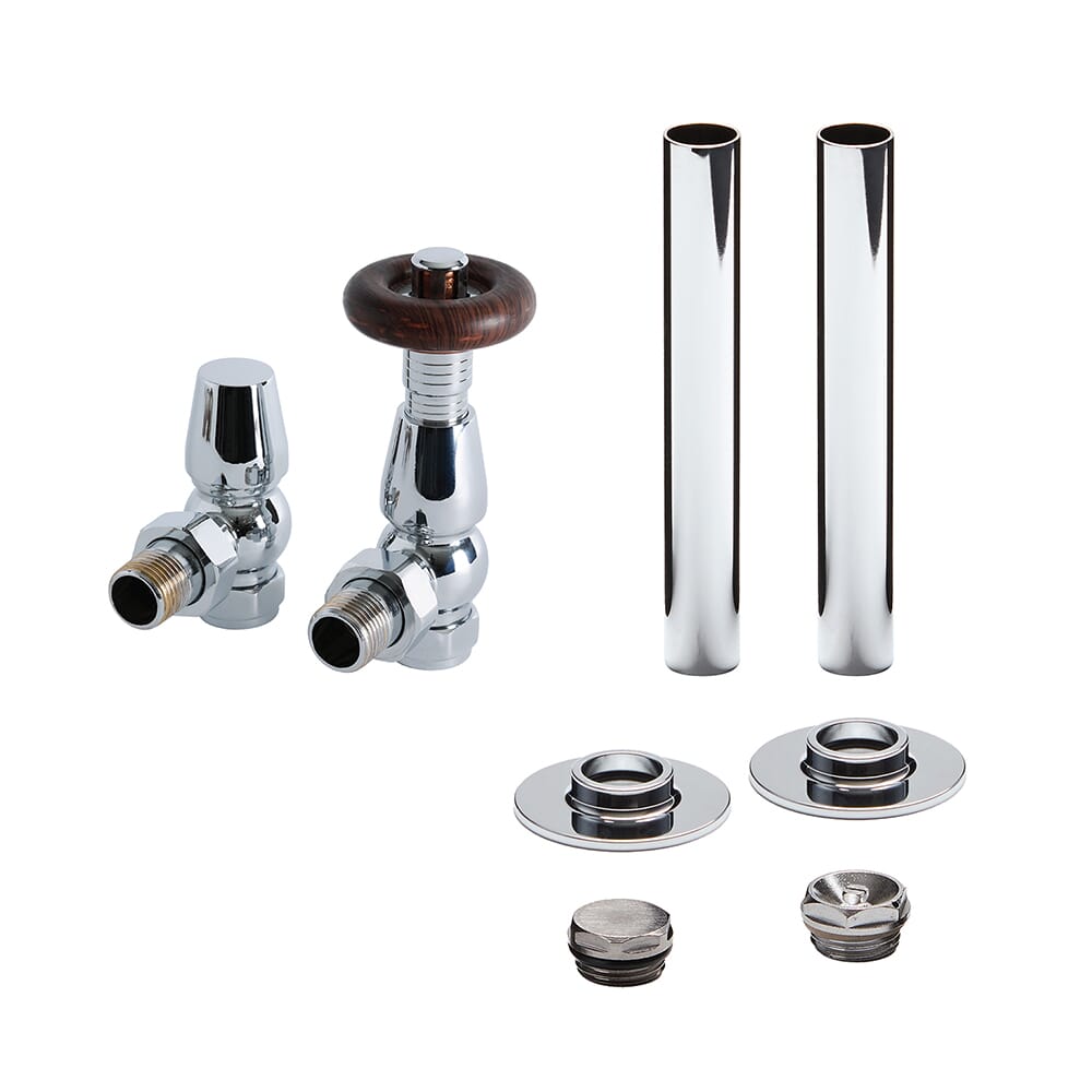 Set Tradizionale di Valvole Termostatiche a Squadra e Copri Tubi per Radiatore - Scelta di Finiture - Regent