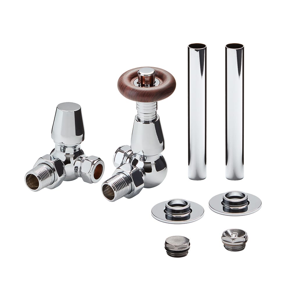 Set Tradizionale di Valvole Termostatiche Angolari e Copri Tubi per Radiatore - Scelta di Finiture - Regent