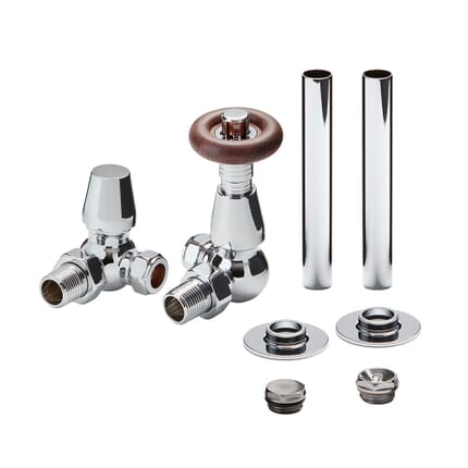 Set Tradizionale di Valvole Termostatiche Angolari e Copri Tubi per Radiatore - Scelta di Finiture - Regent