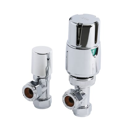 Paio di Valvole Termostatiche a Squadra Per Radiatore e Scaldasalviette per Tubi in Rame 15mm