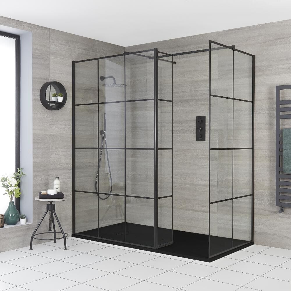 Box Doccia Walk-In Angolare con Piatto Doccia Effetto Ardesia e Parete Paraspruzzi (Opzionale) - Diverse Misure Disponibili - Barq
