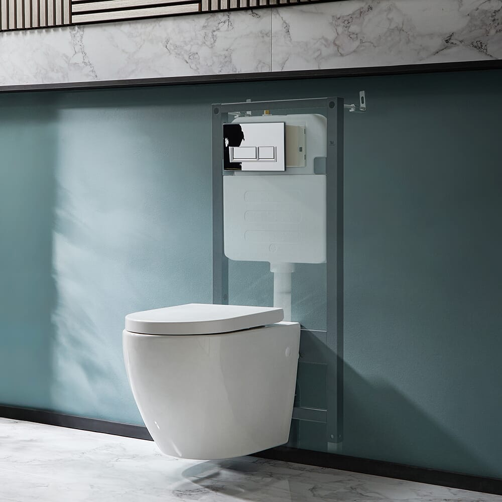 Sanitario WC Sospeso Senza Brida con Telaio Alto - Scelta della Placca di Comando - Ashbury