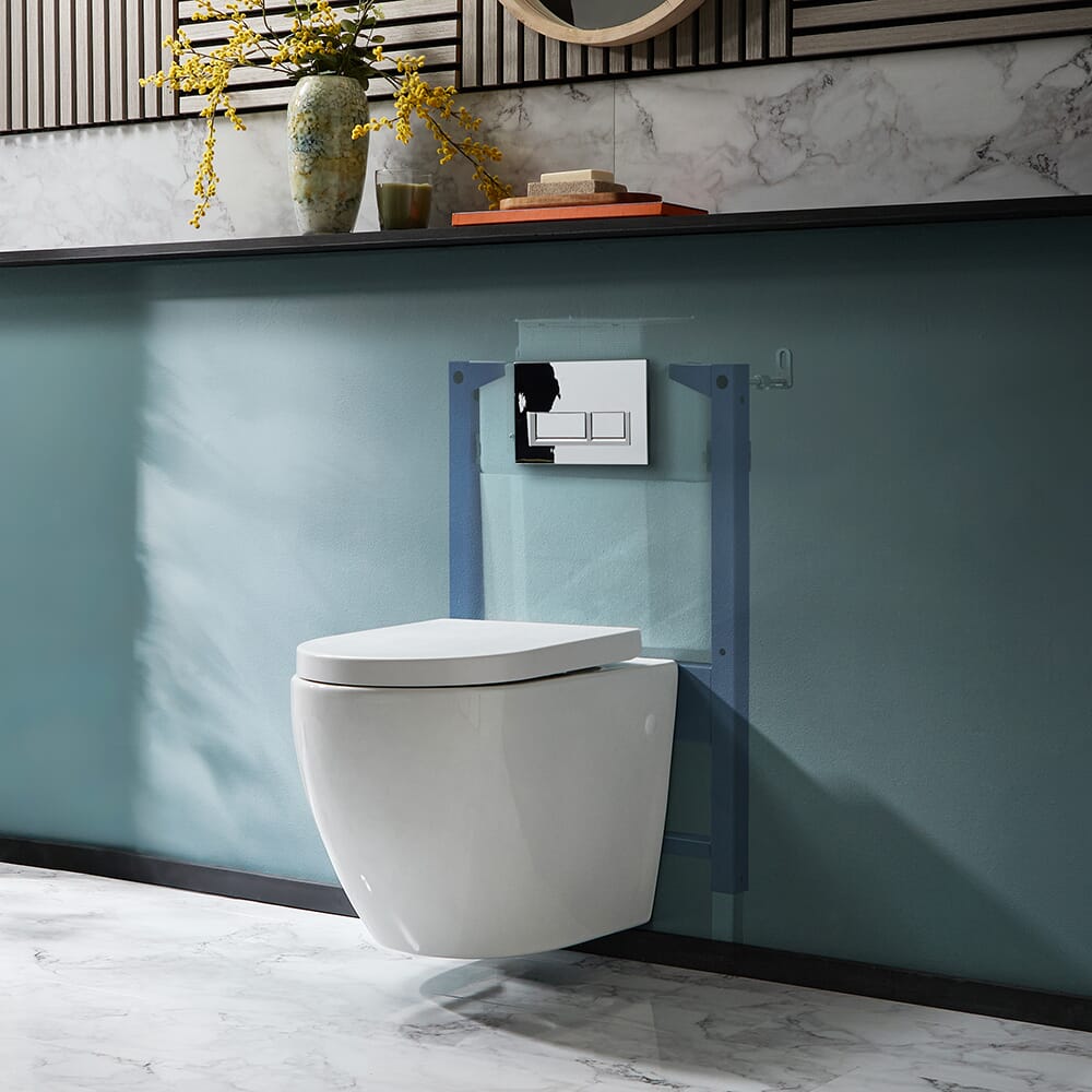 Sanitario WC Sospeso Senza Brida con Telaio Corto - Scelta della Placca di Comando - Ashbury