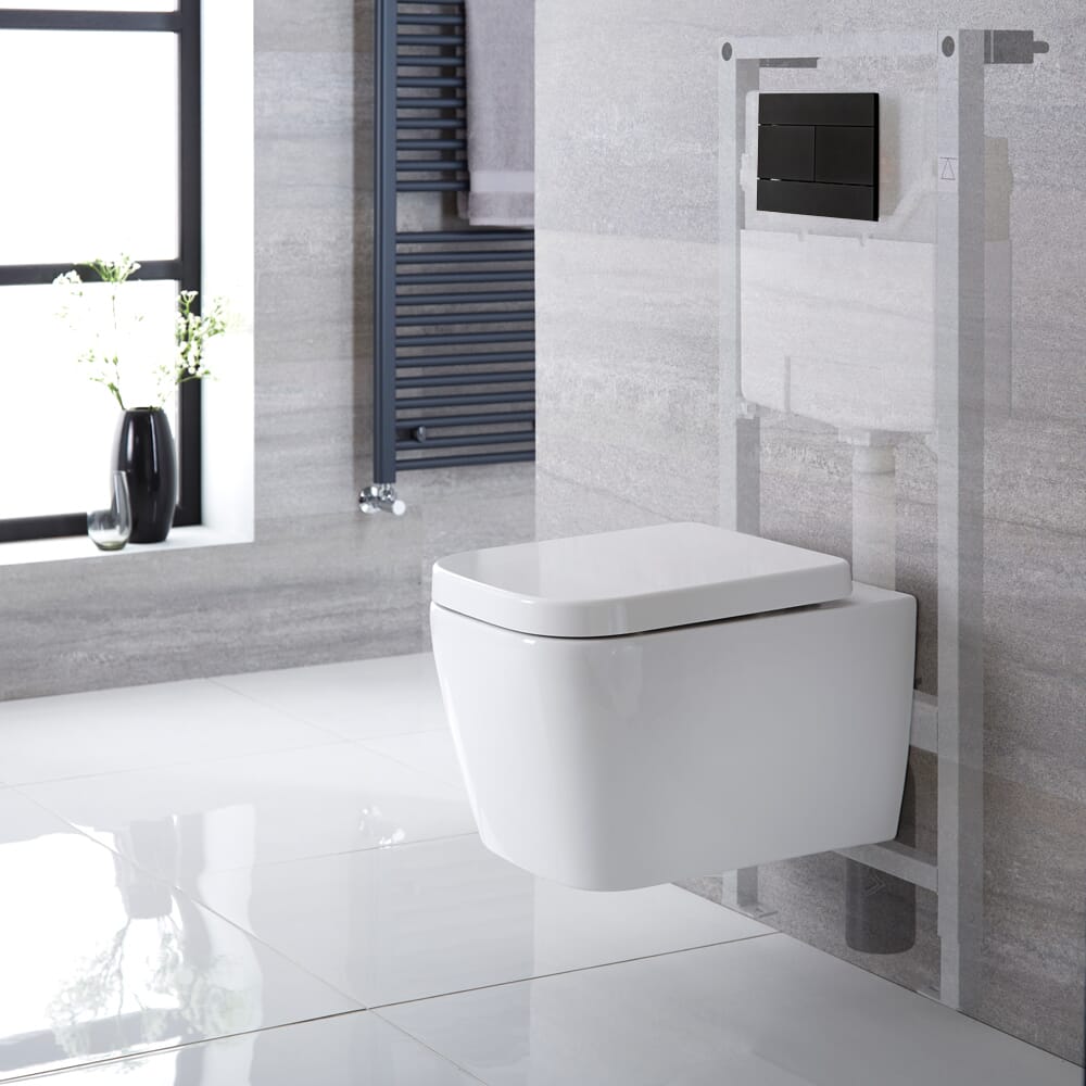 Sanitario Bagno WC Quadrato Sospeso 345x350x500mm con Sedile Copri WC Soft  Close, Telaio con Cassetta ad