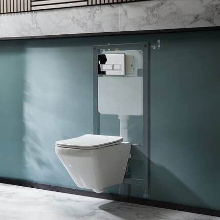Sanitario WC Sospeso Senza Brida con Telaio Alto - Scelta della Placca di Comando - Exton