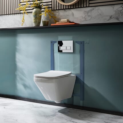 Sanitario WC Sospeso Senza Brida con Telaio Corto - Scelta della Placca di Comando - Exton