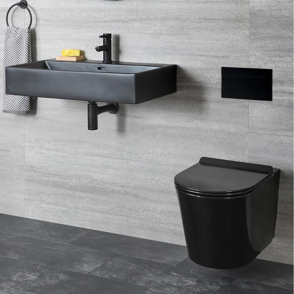 Set per Sanitario Filo Parete e Lavabo Sospeso Nero 340x350x560mm - Nox