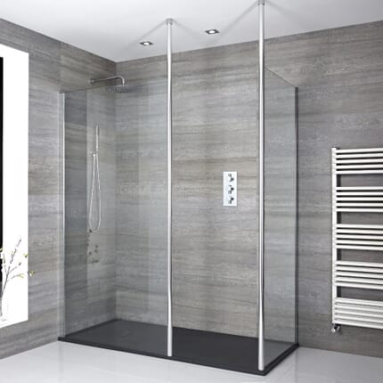 Kit Doccia Walk-In Angolare Sera con Piatto Doccia Effetto Pietra d'Ardesia e Profilo Cromato - Disponibile in Diverse Misure