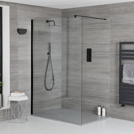 Kit Doccia Walk-In Nox Completo di Piatto Doccia Effetto Pietra e Profilo Nero - Disponibile in Diverse Misure