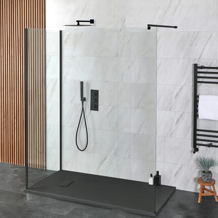 Doccia Walk-in a Due Lati con Piatto Doccia Ardesia - Scelta di Dimensioni e Opzione Anta Paraspruzzi - Nox