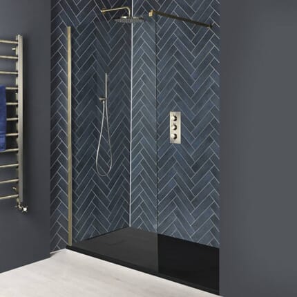 Box Doccia Walk-In a Nicchia con Piatto Doccia Effetto Pietra - Profilo Ottone Antico - Disponibile in Diverse Misure - Alama