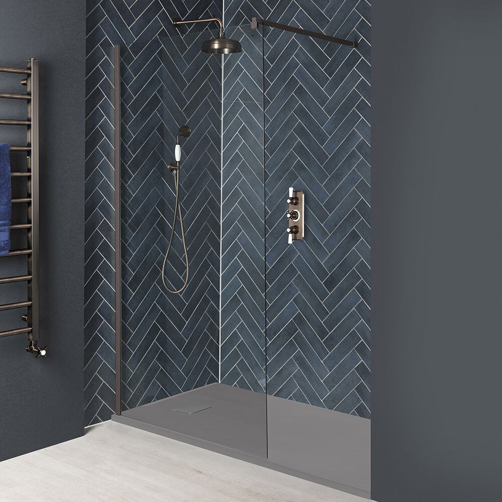 Kit Doccia Walk-In a Nicchia Completo di Profilo con Finitura Bronzo Opaco e Piatto Effetto Pietra - Disponibile in Diverse Misure- Augusta