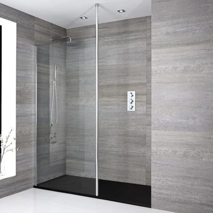 Kit Doccia Walk-In Angolare Sera Completo di Pannello Vetro Fisso con Profilo Cromato e Piatto Doccia Disponibile in Diverse Finiture - Disponibile in Diverse Misure