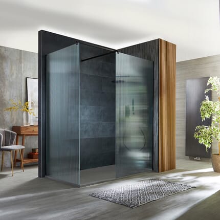 Box Doccia Walk-in Angolare Nero in Vetro Scanalato con con Piatto Doccia Effetto Ardesia - Scelta di Misure  - Florence