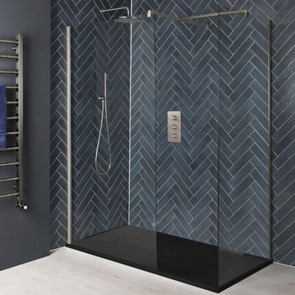 Box Doccia Walk-In Angolare con Piatto Doccia Effetto Pietra - Nichel Spazzolato - Disponibile in Diverse Misure - Harting