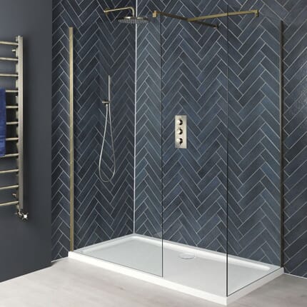 Box Doccia Walk-In Angolare con Pareti Doccia e Piatto Doccia - Profilo Ottone Antico - Disponibile in Diverse Misure - Alama
