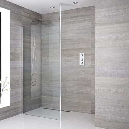 Kit Doccia Walk-In Completo di Parete Doccia Aperta con Parete Doccia Paraspruzzi  e Opzione fra Diverse Canalette e Pareti - Sera