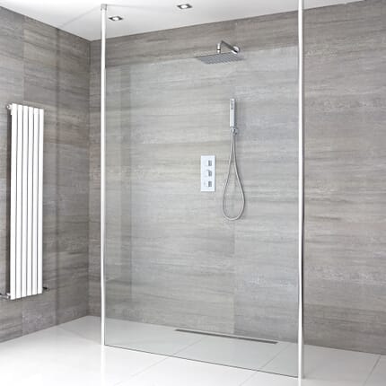 Kit Doccia Walk-In Completo di Parete Doccia Fissa Centrale Aperta e Opzione fra Diverse Canalette e Pareti – Sera